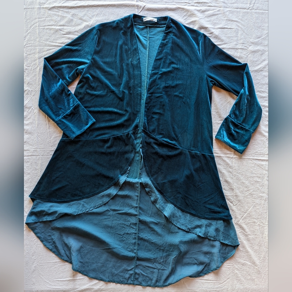 R. Vivimos Teal Velvet Velour Long Cardigan Kimono XL